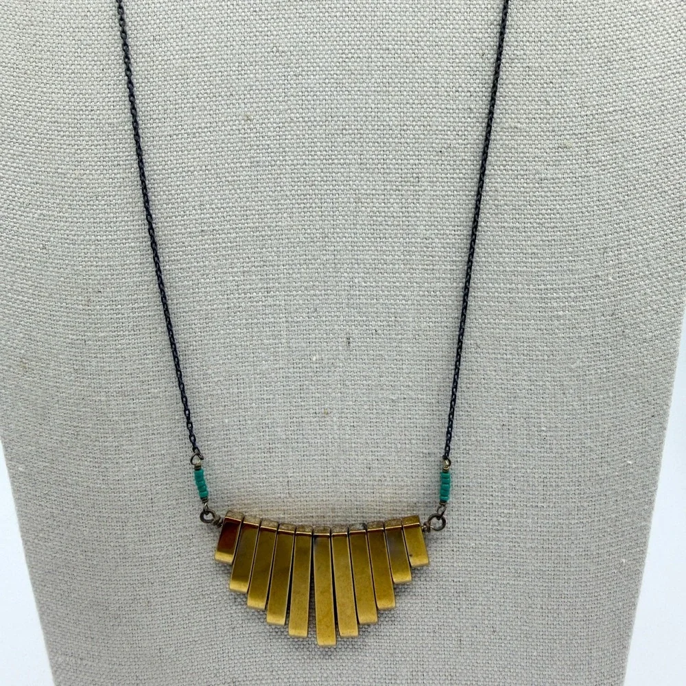 Unique Gold Tone Bar Fan Pendant Necklace Boho Layering Statement Piece Jewelry
